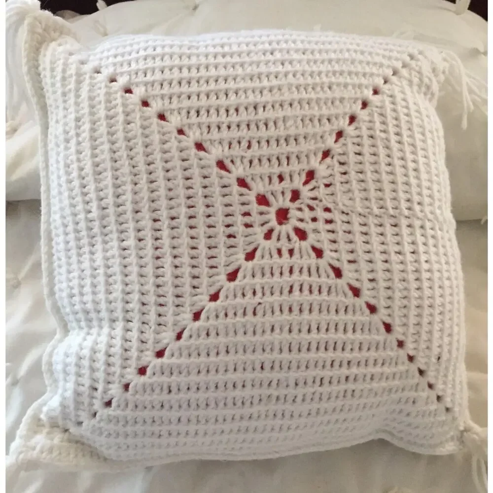 Crochet Flower Rose Square‎ Handmade Couch Bed Pillow Tassels Red White